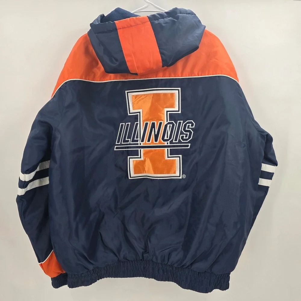 VINTAGE 90S ILLINOIS FIGHTING ILLINI PUFFER JACKET MENS LARGE BLUE ORANGE NEW!!
